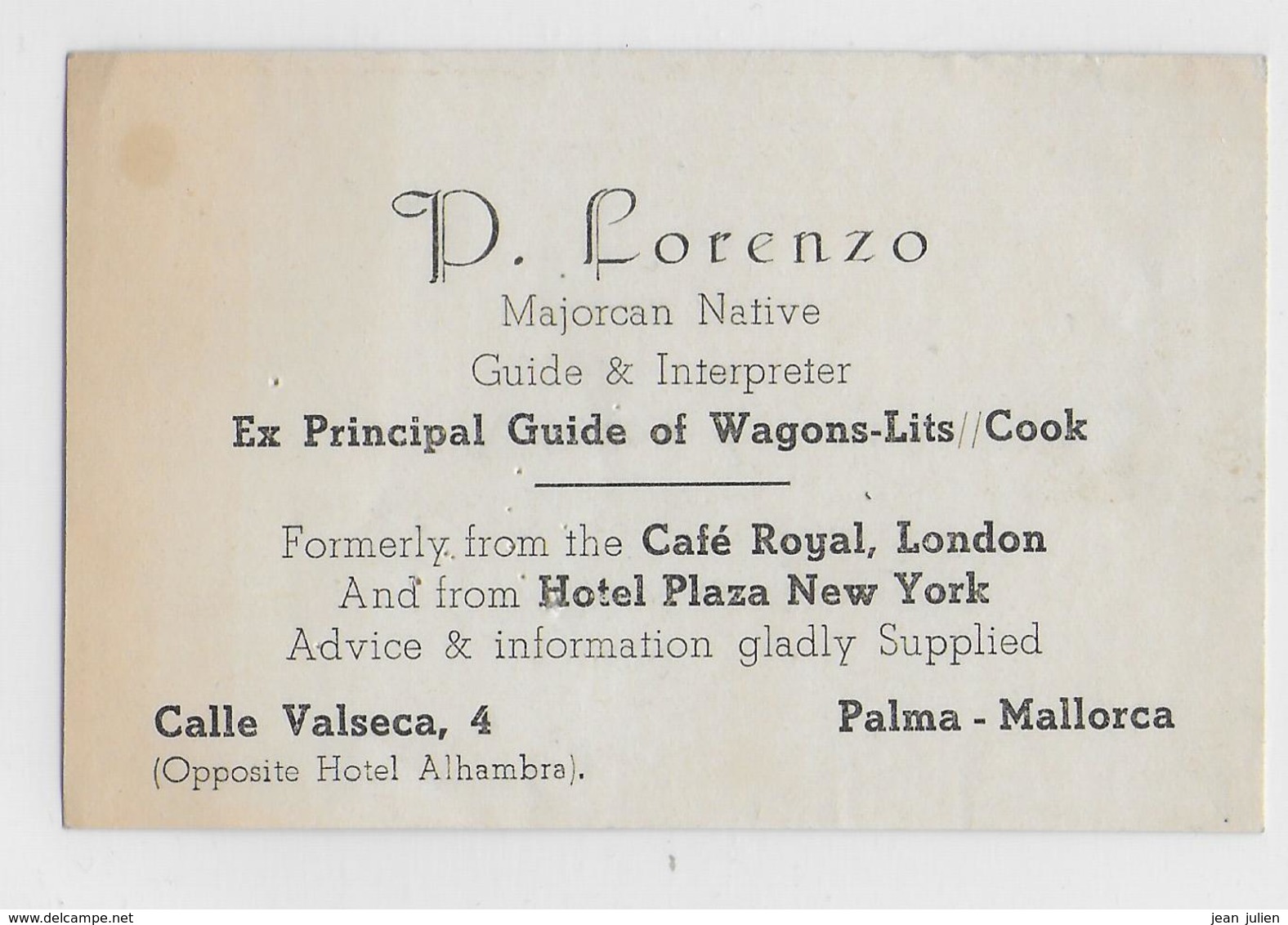 CARTE COMMERCIALE - PALMA MALLORCA - Calle Valseca - Guide Interprete - D.LORENZO - - Autres & Non Classés