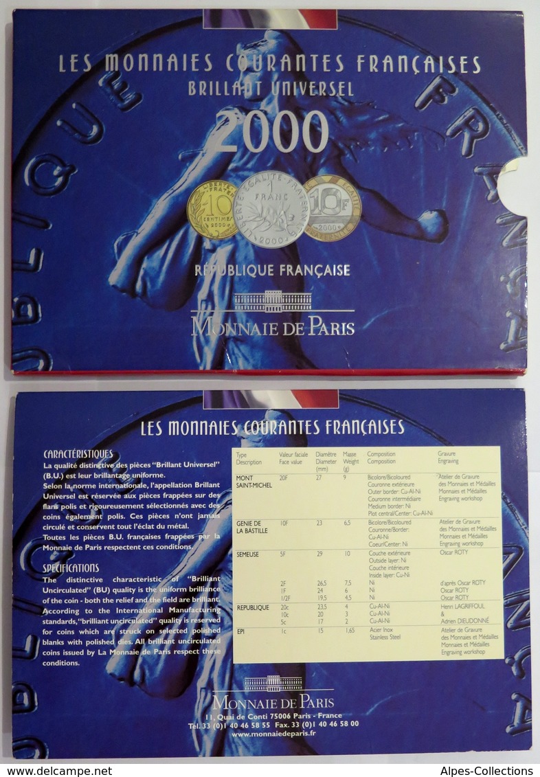 0053 - COFFRET BU - FRANCS - 2000 - 1 Centime REBORD à 20 Francs - Autres & Non Classés