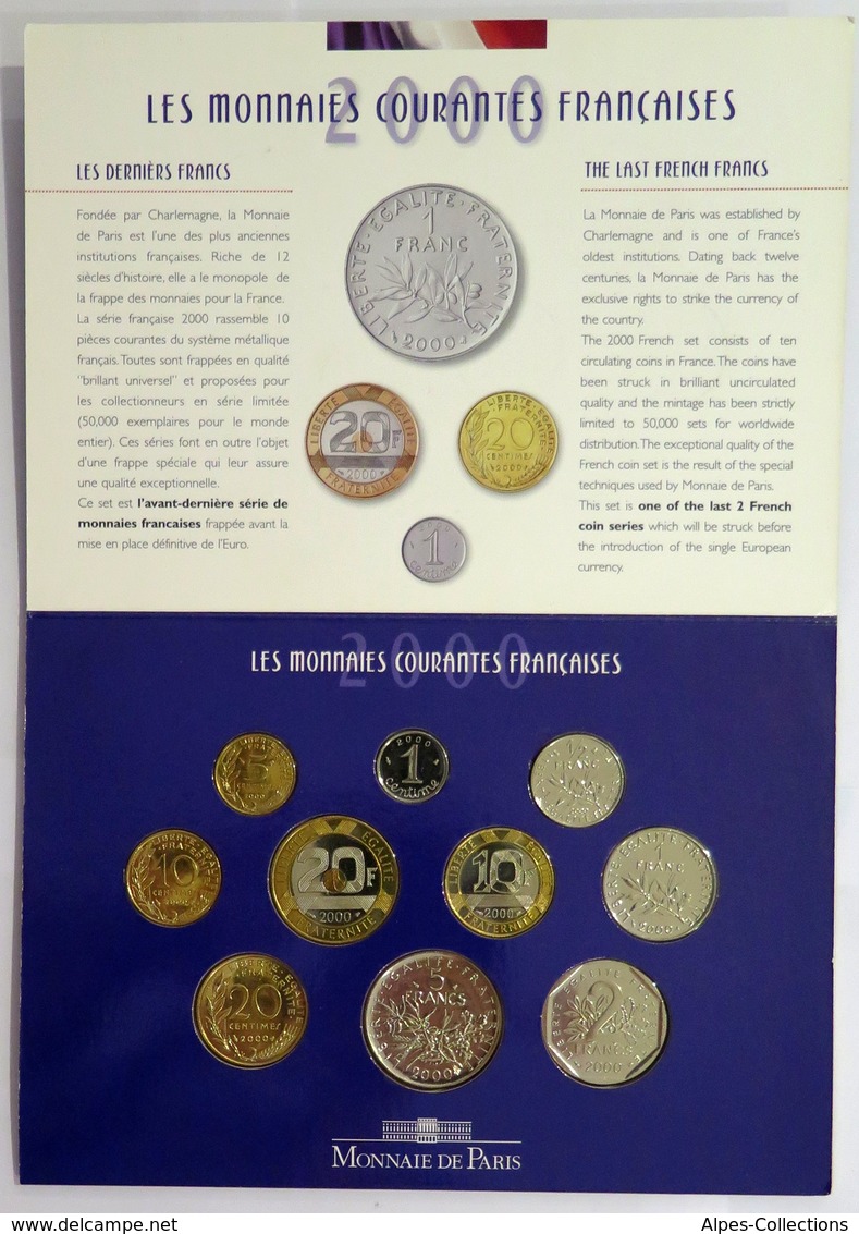 0053 - COFFRET BU - FRANCS - 2000 - 1 Centime REBORD à 20 Francs - Autres & Non Classés