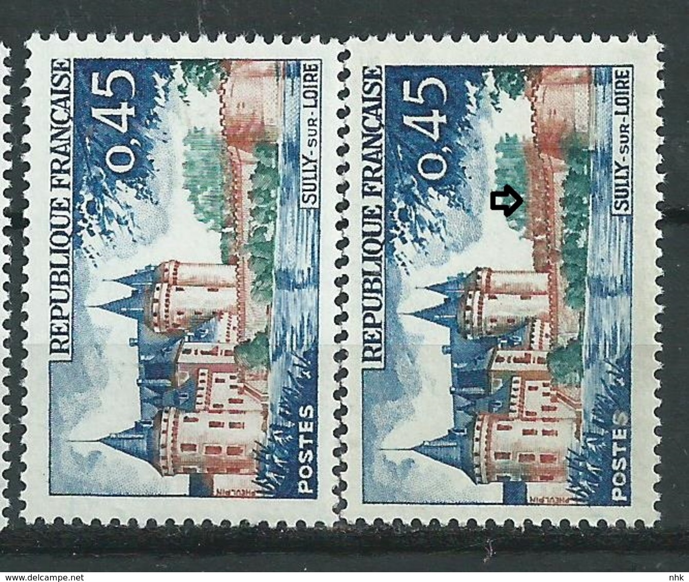 [25] Variété :   N° 1313 Sully-sur-Loire Très Haute Muraille + Normal ** - Unused Stamps