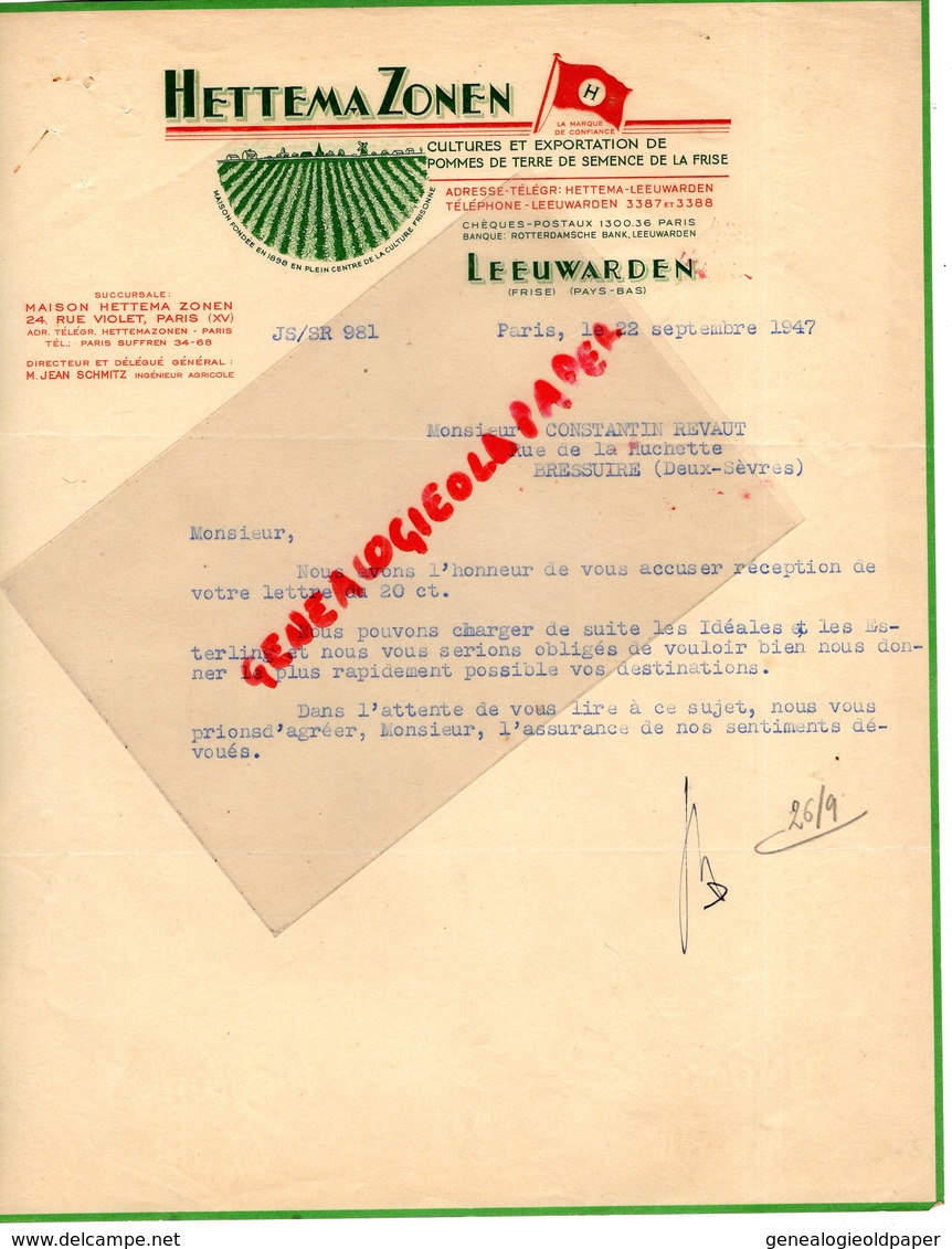 PAYS BAS- LEEUWARDEN-LETTRE HETTEMA ZONEN-CULTURES EXPORTATION POMMES DE TERRE SEMENCE DE LA FRISE-1947 - Niederlande