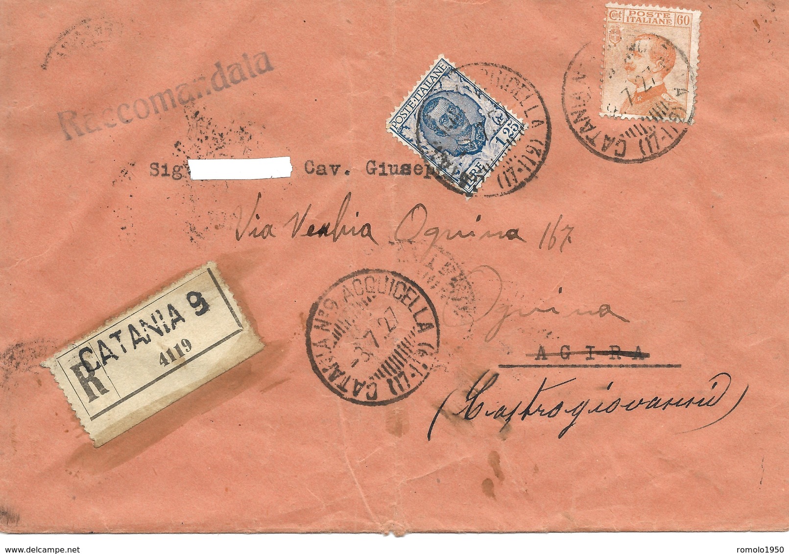 LETTERA RACCOMANDATA AFFRANCATA PER £1,85 BOLLO "CATANIA AQUICELLA 3-7-27" TIMBRO DEPOSITO CAVALLI STALLONI CATANIA. - Storia Postale