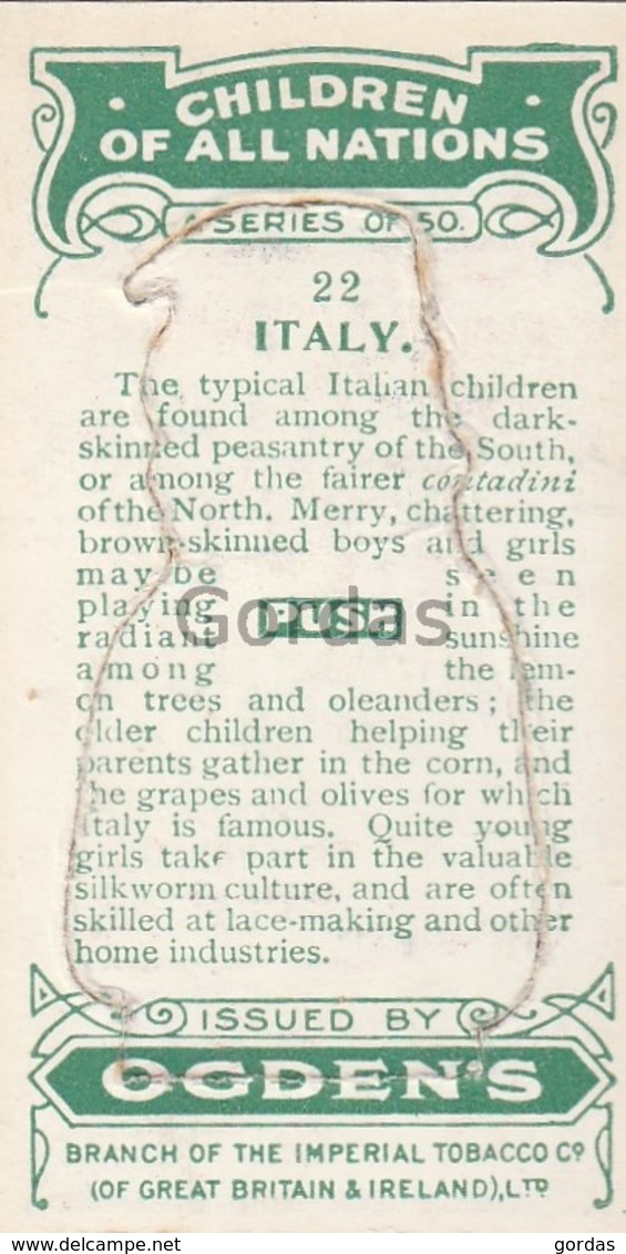 Italy - Children Of All Nations - Ogden's Cigarette Card - Nr. 22 - 35x65mm - Ogden's