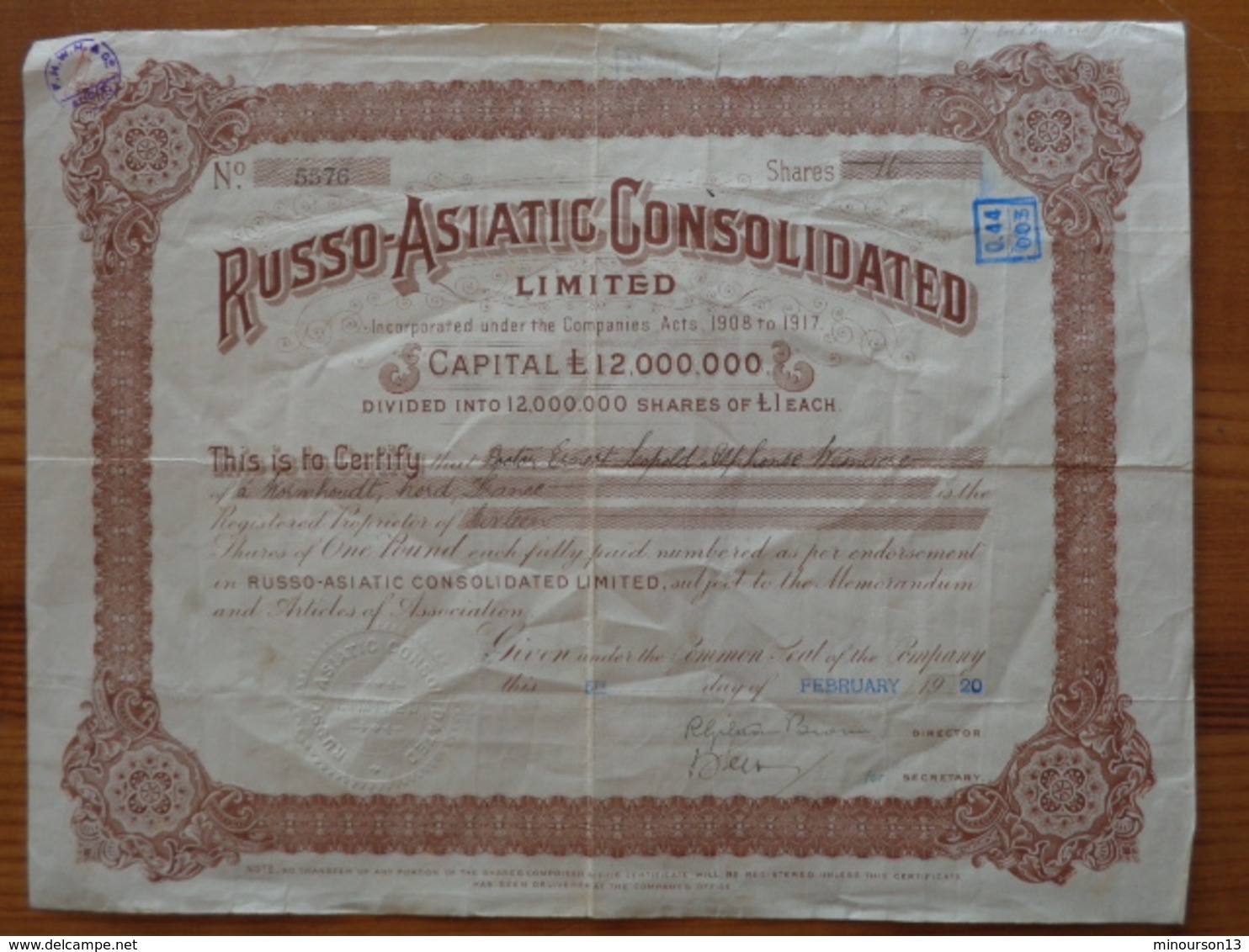 1920 - RUSSO - ASIATIC CONSOLIDATED LIMITED - Russie