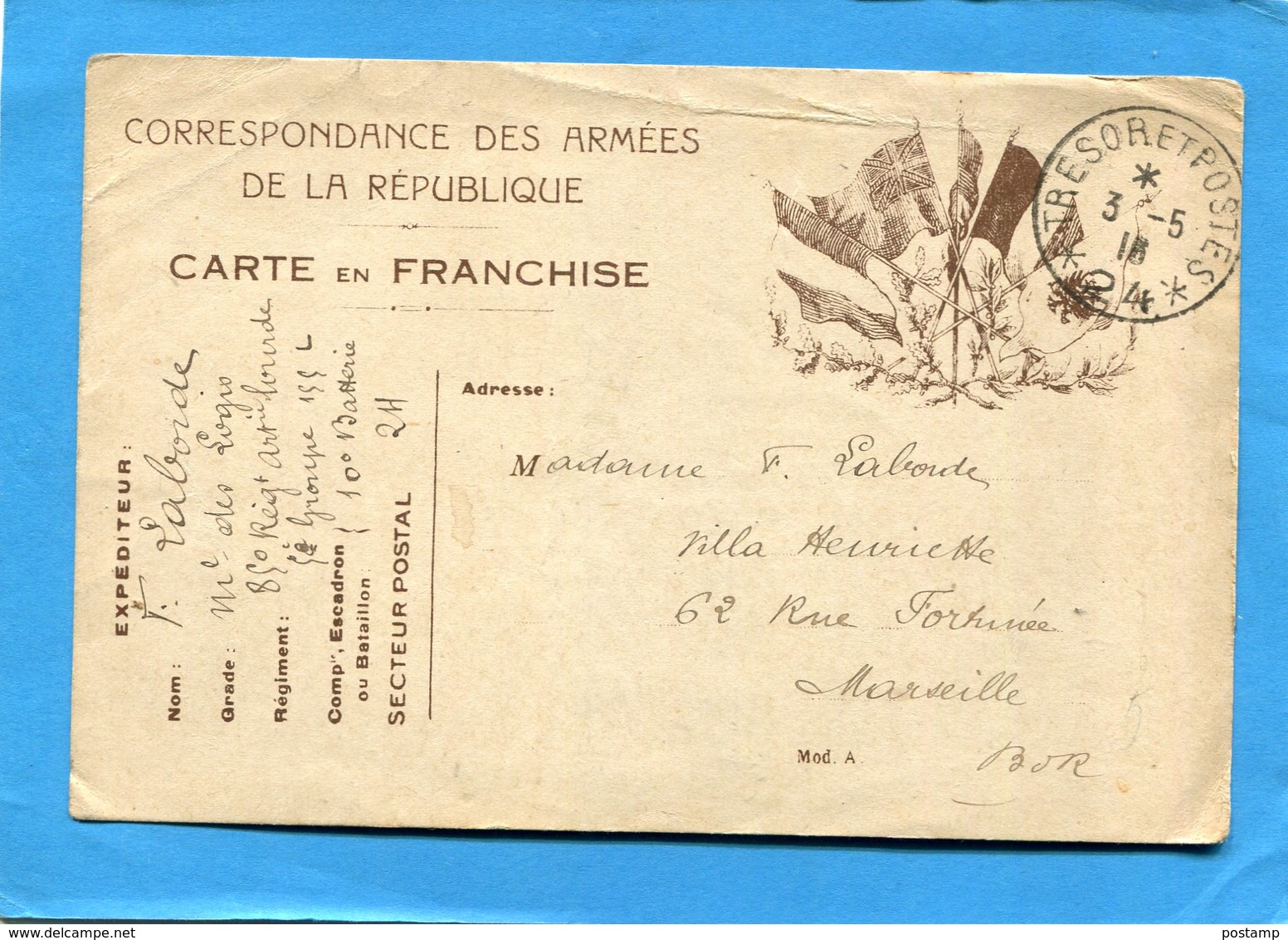 GUERRE 14-18- Marcophilie-soldat- Carte LettreF M-illustrée 6 Drapeaux CadTrésor Et Poste N°24  -mai 1916 - Guerre De 1914-18