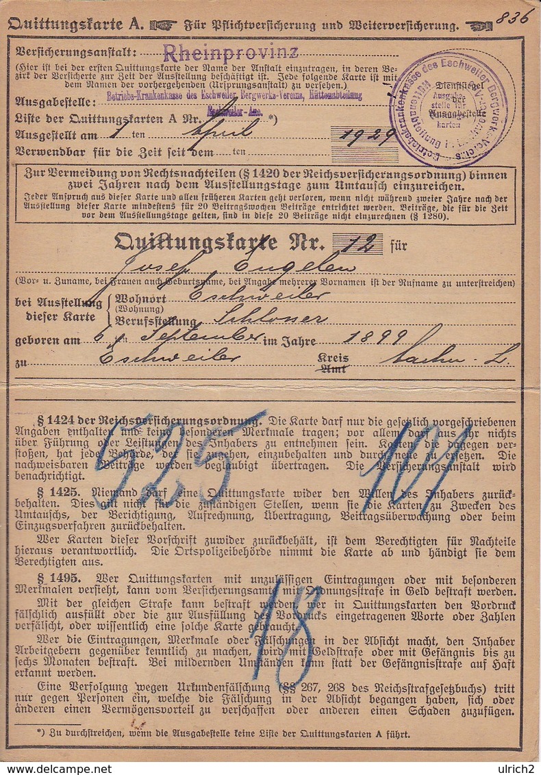 Quittungskarte Versicherungsanstalt Rheinprovinz Eschweiler-Aue 1929 (37673) - Historische Dokumente