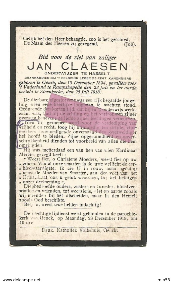 WO 65.  JAN  CLAESEN  - Brankardier Bij Het Leger (15e Reg. Kanonniers) - °GENK 1894 / Gesneuveld RAMPSKAPELLE 1918 - Andachtsbilder