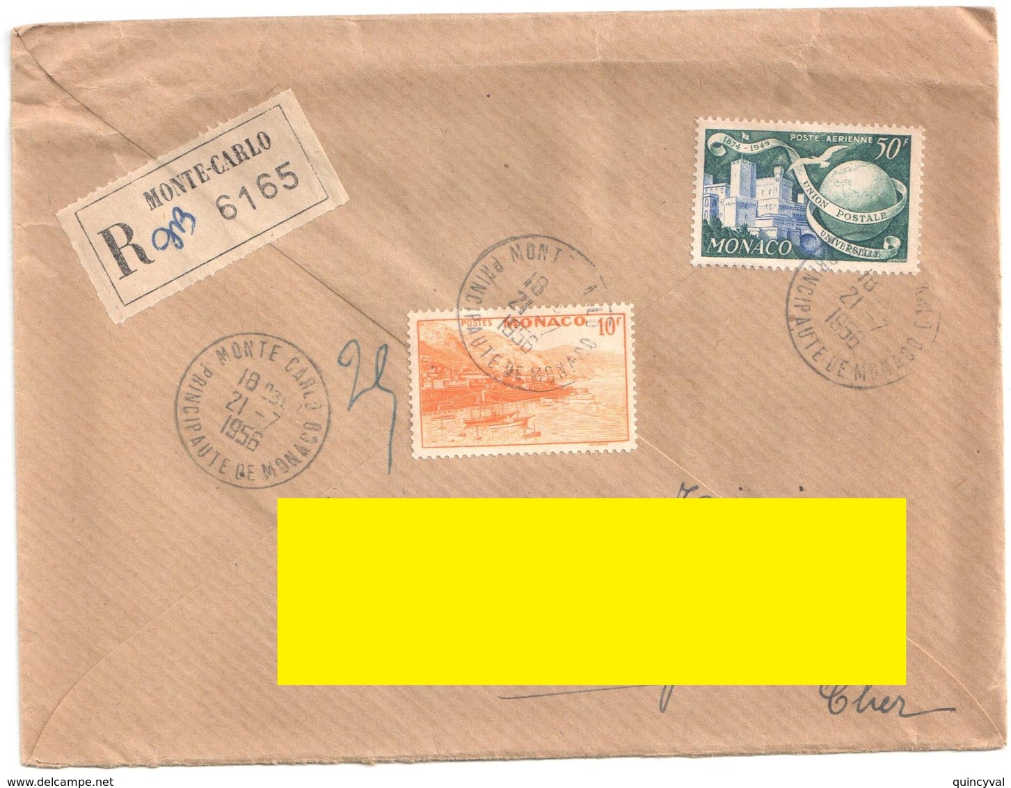 MONTE CARLO Lettre Recommandée Ob 21 7 1956 10 F Rade Jaune 50 FUPU Yv 311A PA47 - Lettres & Documents