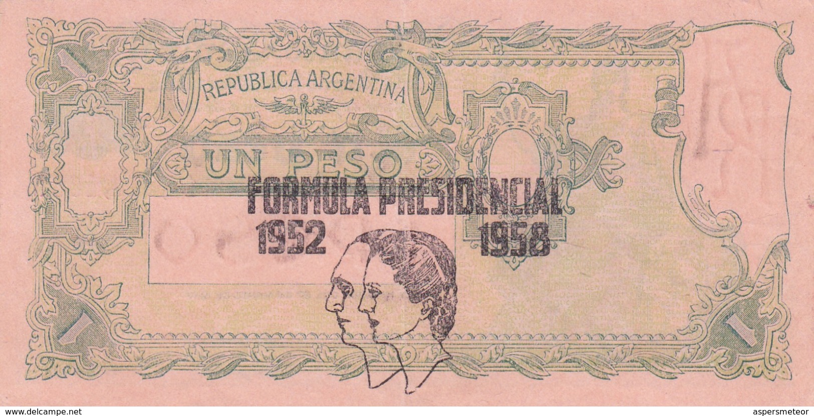 UN PESO MONEDA NACIONAL CON LEYENDA PERONISTA AL DORSO DE 1952. ARGENTINA CIRCA 1930s-BILLETE BANKNOTE BILLET NOTA-BLEUP - Argentinië