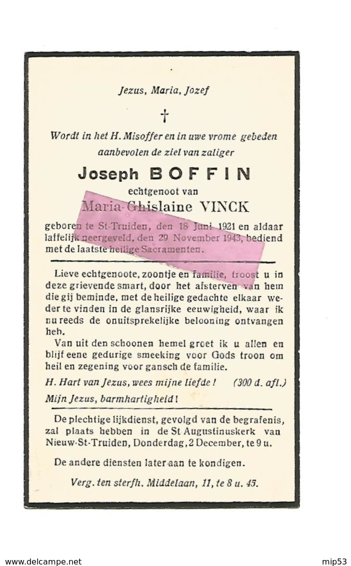 WO 76. JOSEPH BOFFIN  - °ST-TRUIDEN 1921 En Aldaar Laffelijk Neergeveld 1943 - Images Religieuses