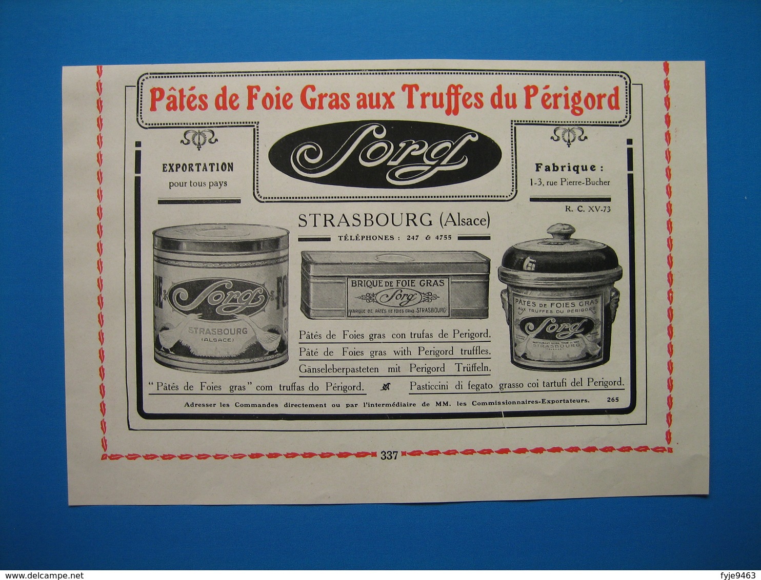 (1924) Fabriques De Pâtés De Foie Gras : SORG à Strasbourg Et DOYEN à Strasbourg - Publicités