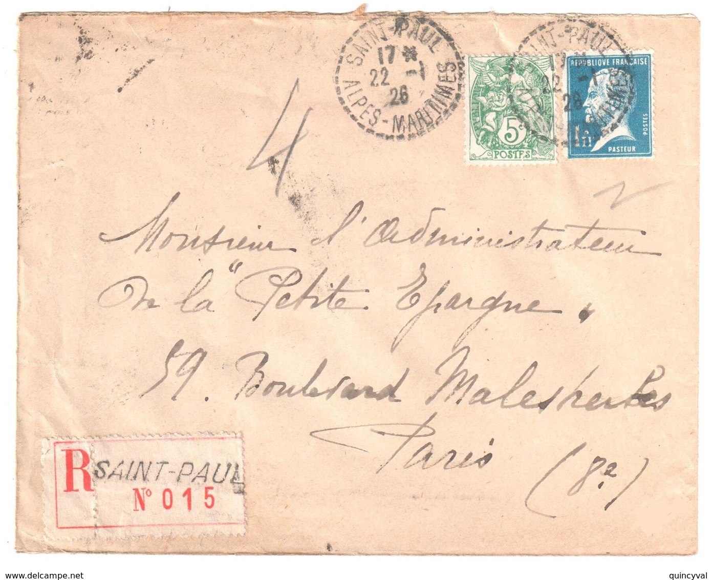 SAINT PAUL Alpes Maritimes Recommandé 1F Pasteur 5c Blanc Yv 111 179 Ob Pointillé 1926 Recette Distribution Lautier B4 - Briefe U. Dokumente
