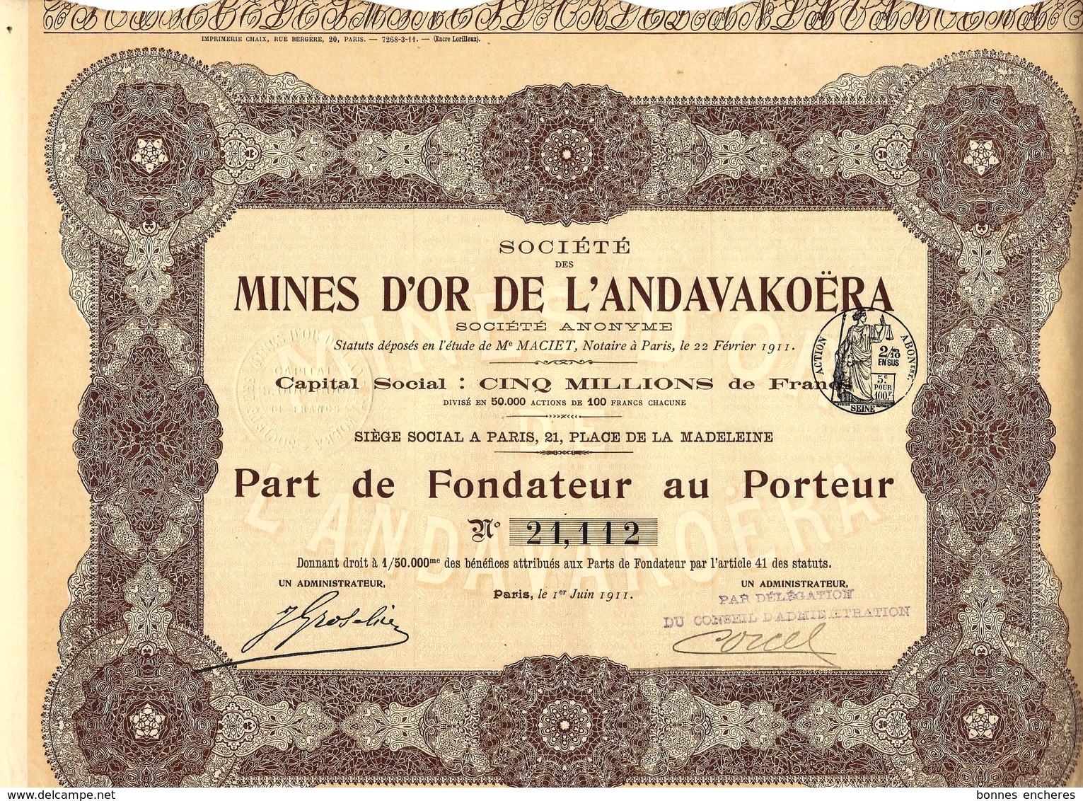 ENTREPRISES COLONIALES VOIR HISTORIQUE MINES D'OR DE L'ANDAVAKOERA MADAGASCAR DJIBOUTI SIEGE PARIS VOIR SCANS - Mines