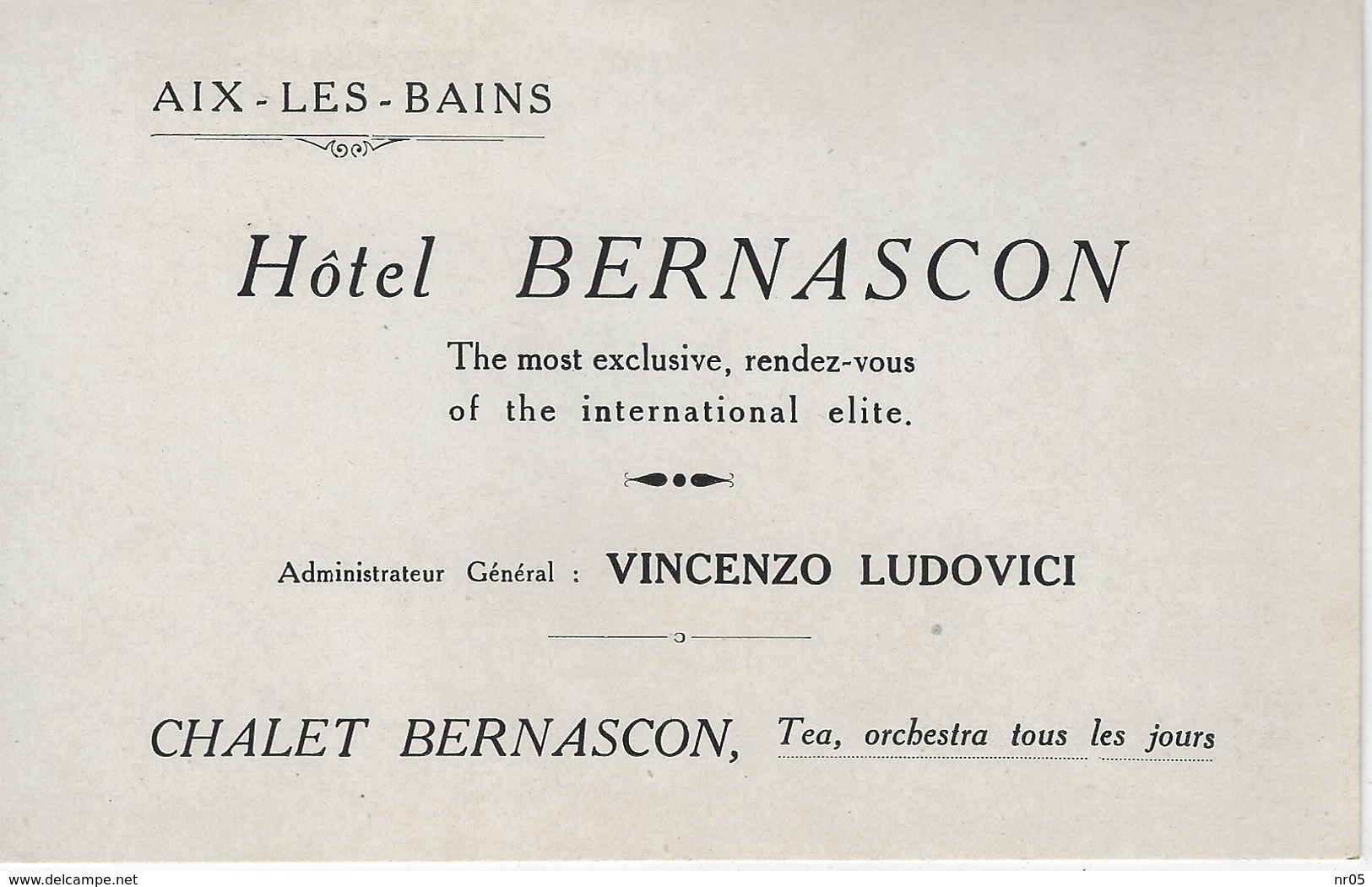 AFFICHE PUBLICITAIRE HOTEL BERNASCON  Adminustrateur. VINCENZO LUDOVICI A AIX Les BAINS - - Publicités