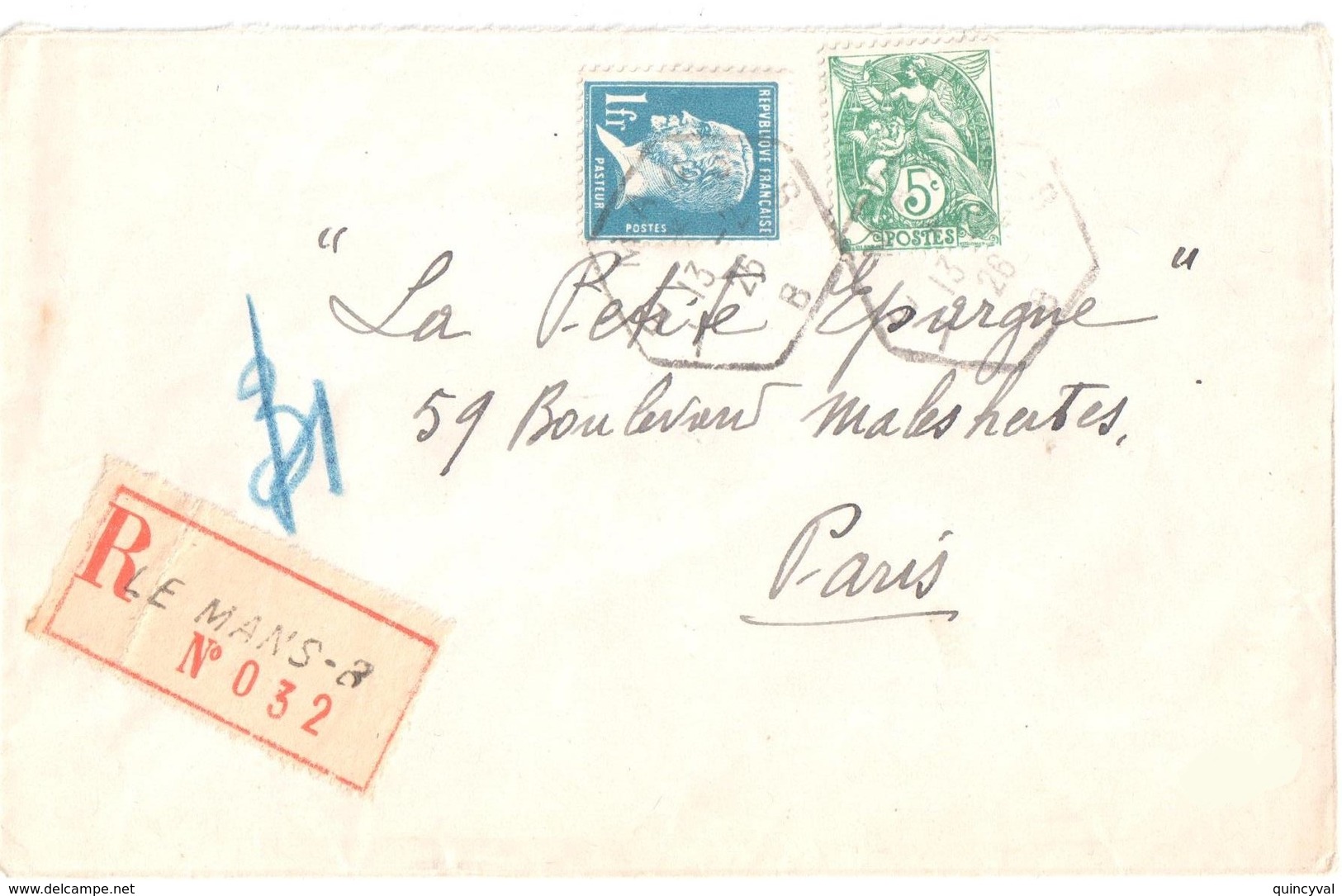 LE MANS B Lettre Recommandée 1F Pasteur 5c Blanc Yv 111 179 Ob 1926 Hexagone Recette Aux Urbaine Lautier D4 - Storia Postale