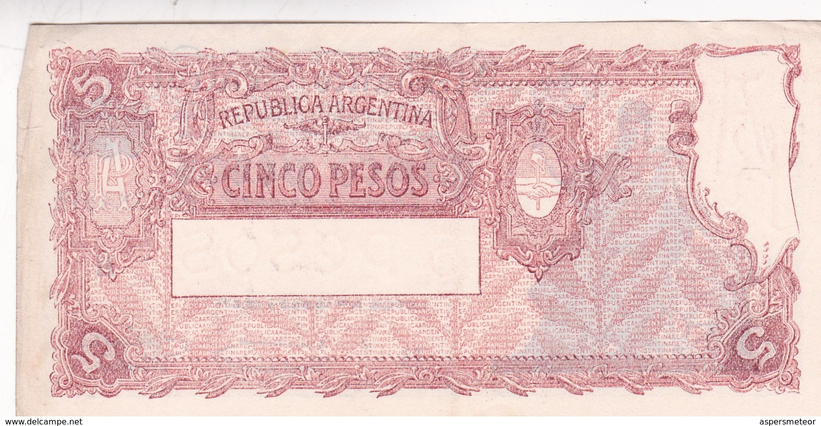 BANCO CENTRAL CINCO PESOS MONEDA NACIONAL ARGENTINA CIRCA 1870s-BILLETE BANKNOTE BILLET NOTA-BLEUP - Argentinië