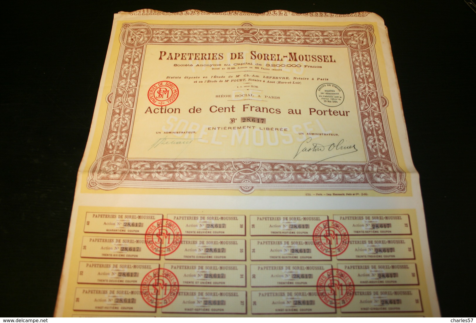 Papeteries De Sorel-Moussel (action De Cent F Au Porteur - P - R