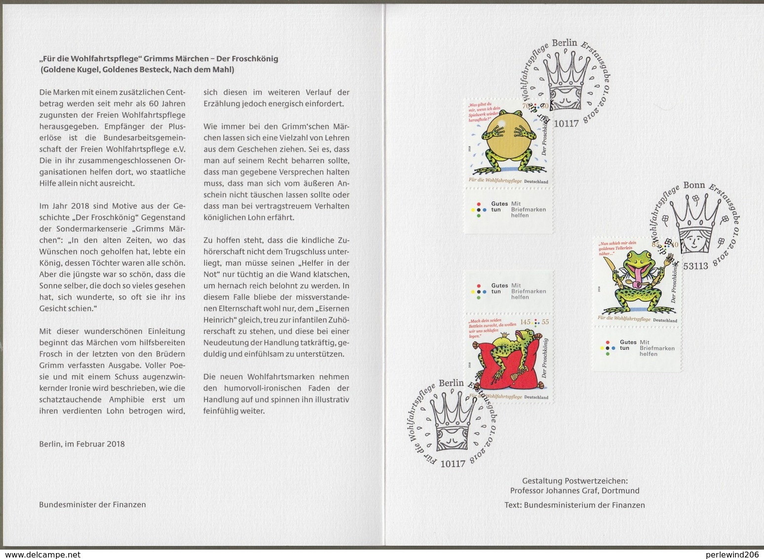 Bund: Minister Card - Ministerkarte Typ VII , Mi-Nr. 3357-59, " Wohlfahrt 2018 - Gebrüder Grimm: Der Froschkönig " !   X - Covers & Documents