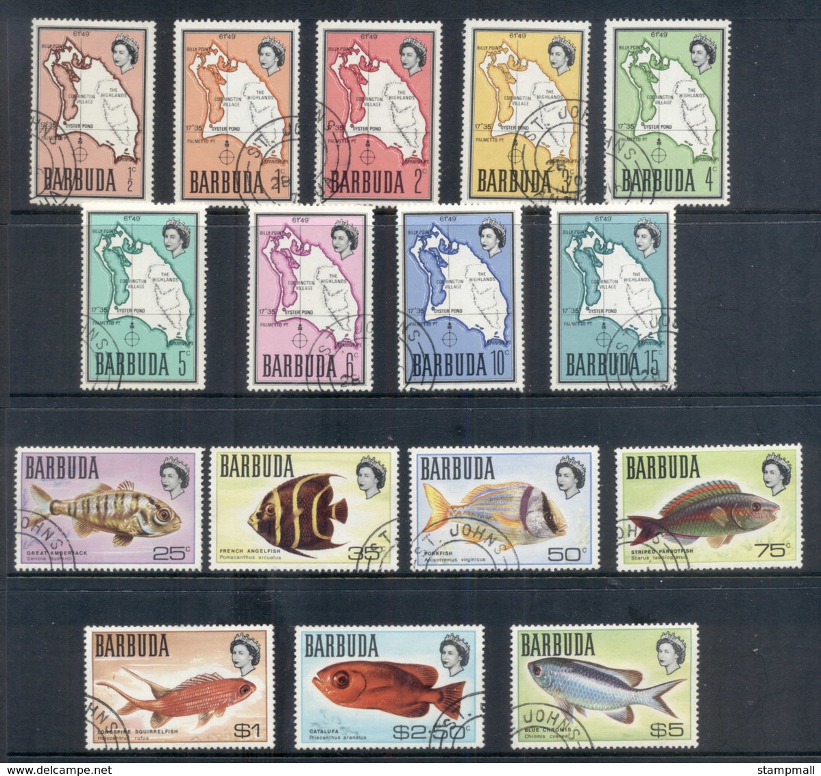 Barbuda 1968-70 Pictorials, Map, Fish (16/17, No 20c) FU - Antigua And Barbuda (1981-...)