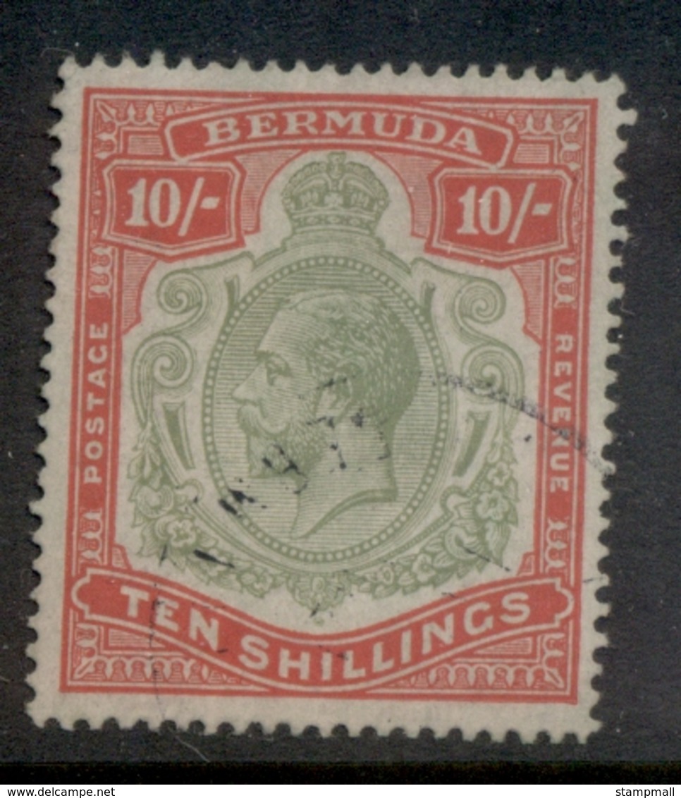 Bermuda 1910-1925 10/- Red & Green On Green KGV Head Wmk Crown CA Cleaned Fisc Used - Bermuda