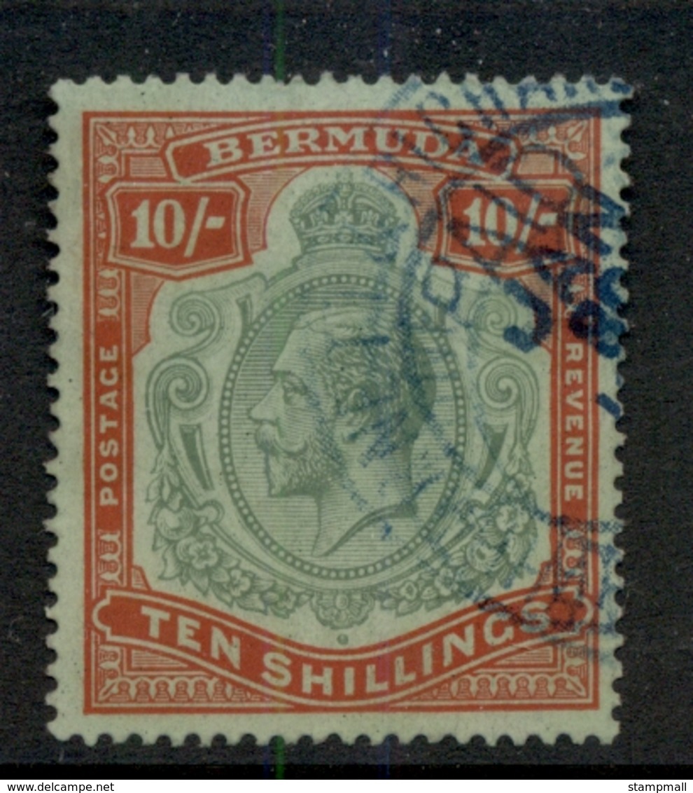 Bermuda 1910-1925 10/- Red & Green On Green KGV Head Wmk Crown CA Fisc Used - Bermuda