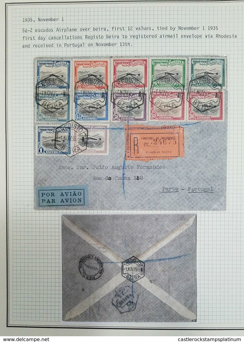 O) 1935 MOZAMBIQUE, AIRPLANE OVER BEIRA FIRST 12 VALUES-FIRST DAY CANCELLATION-REGISTERED FROM BEIRA-VIA RHODESIA AND RE - Mozambique