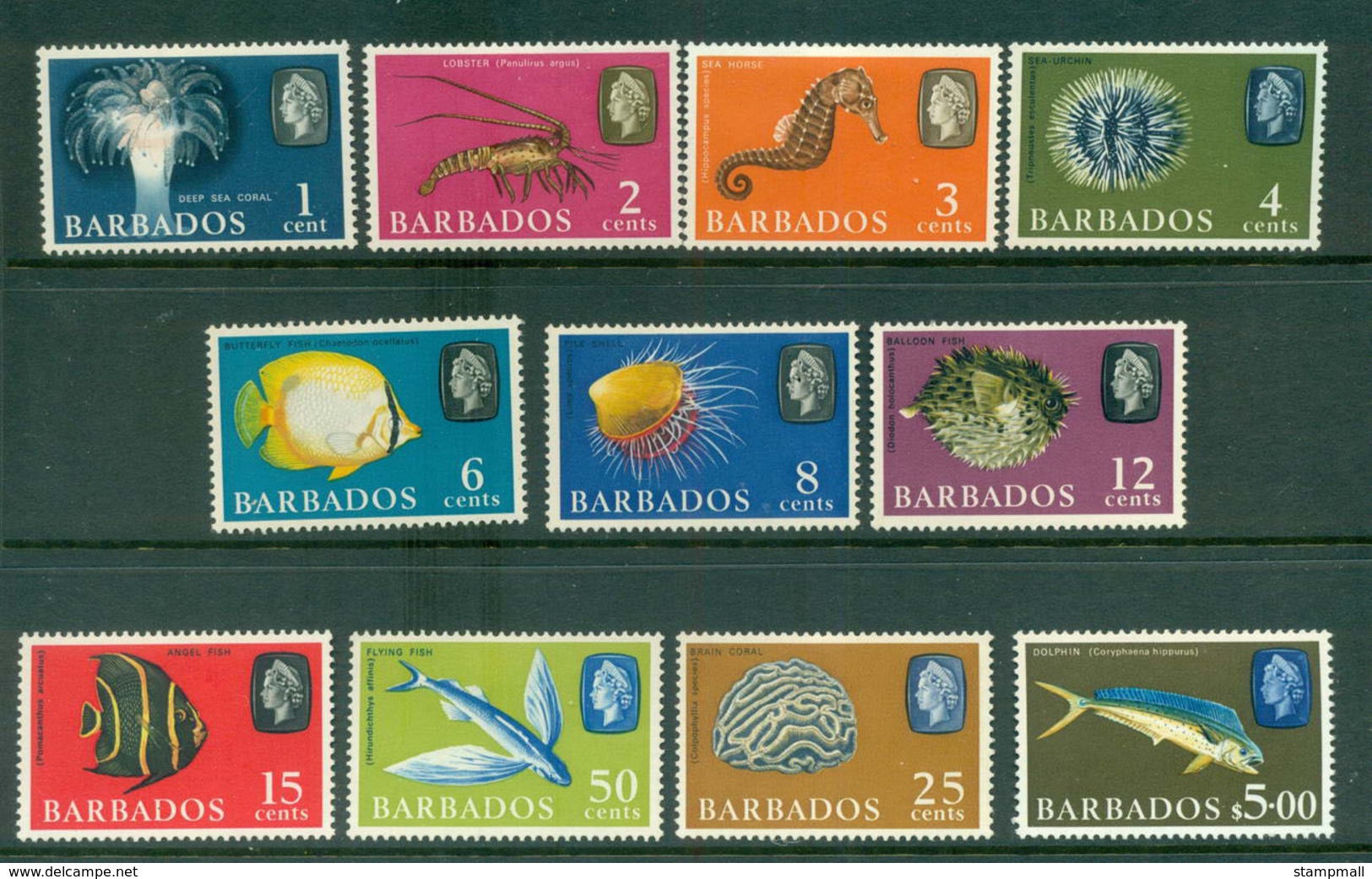 Barbados 1966-69 Fish Defins Wmk Sideways Asst (11/15) MLH Lot55060 - Barbados (1966-...)