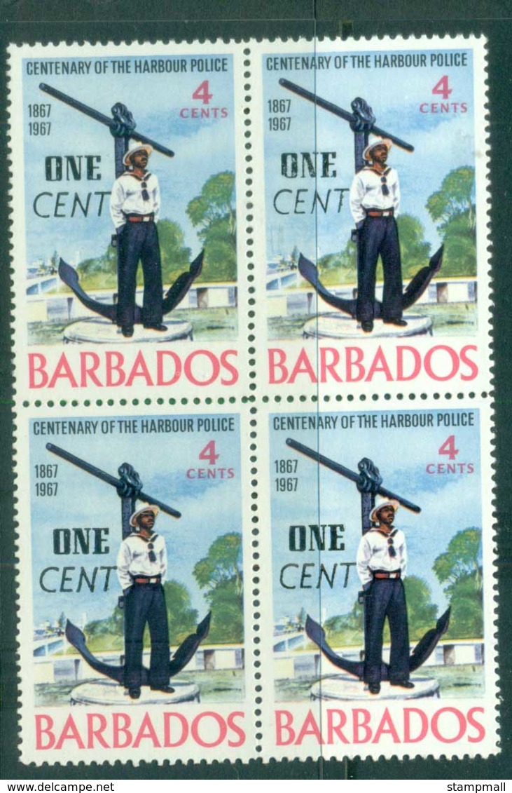 Barbados 1969 Policeman Opt ONE CENT Blk4 MUH - Barbados (1966-...)