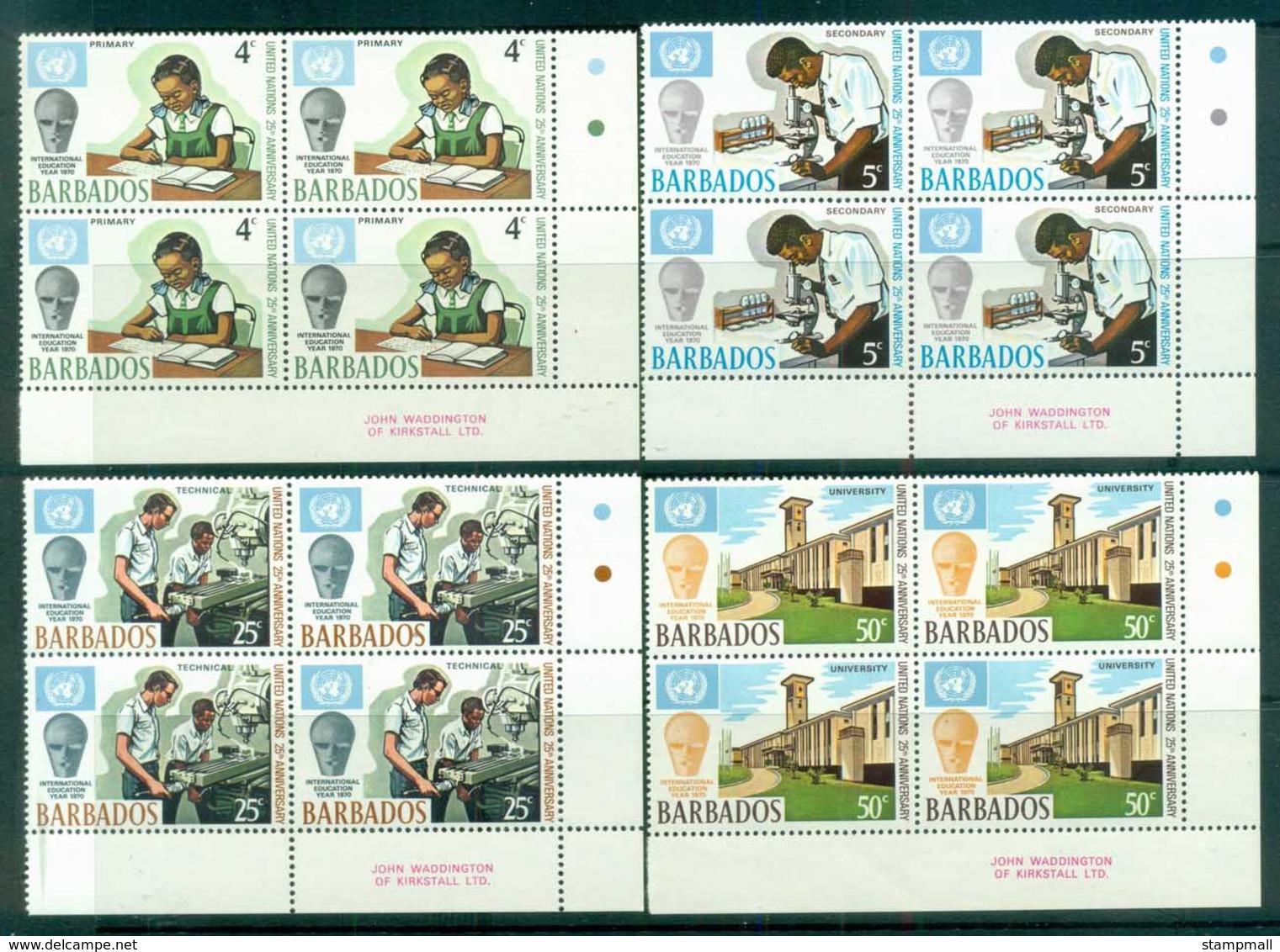 Barbados 1970 UN 25th Anniv, Education Year Blk4 MUH - Barbades (1966-...)