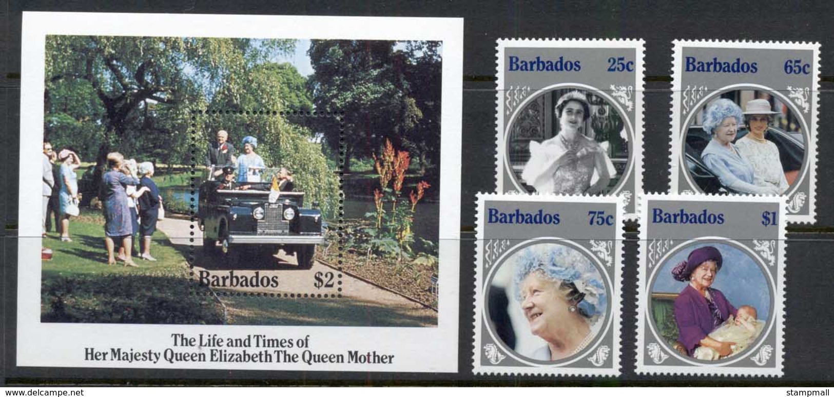 Barbados 1985 Queen Mother 85th Birthday + MS MUH - Barbados (1966-...)