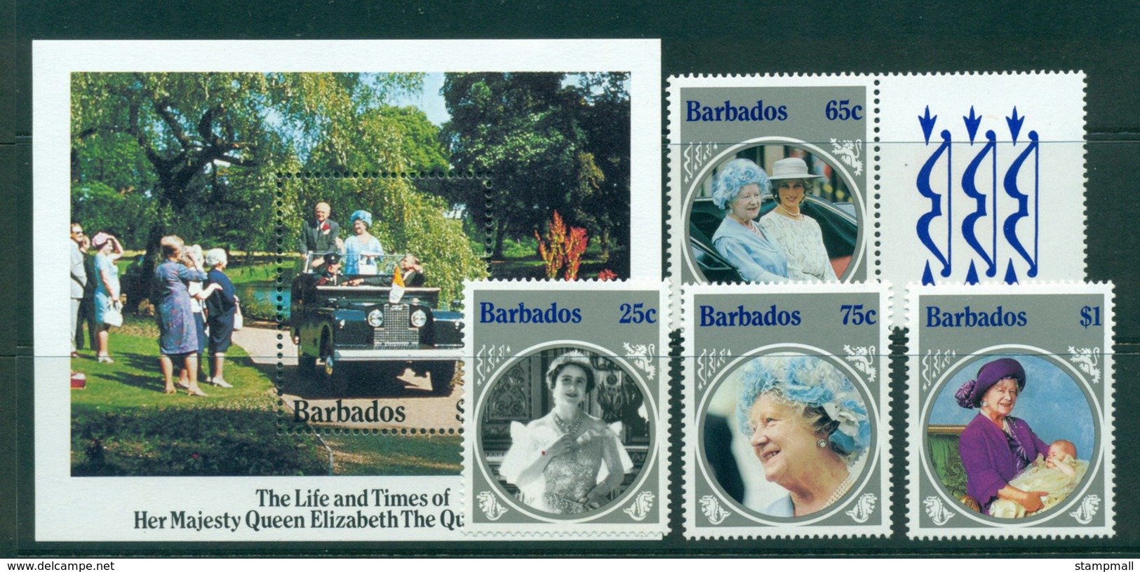 Barbados 1985 Queen Mother 85th Birthday + MS MUH Lot30167 - Barbados (1966-...)