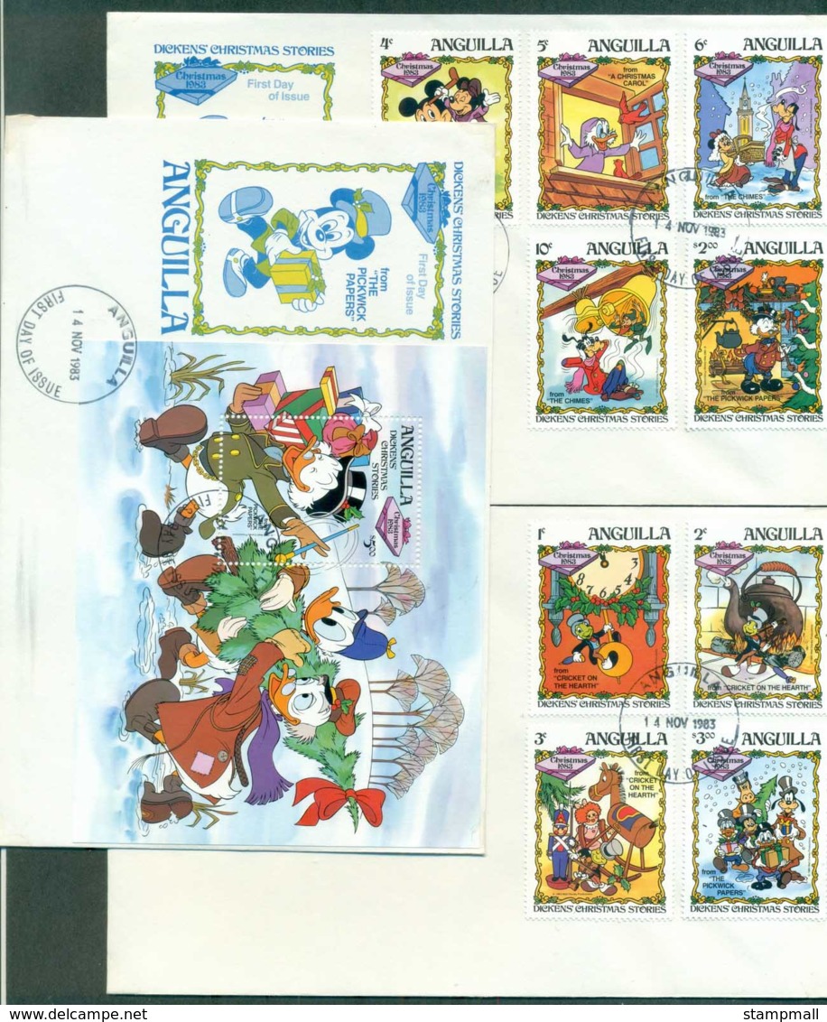 Anguilla 1983 Disney, Dickens Xmas Stories, Pickwick Papers 3x FDC Lot78922 - Anguilla (1968-...)