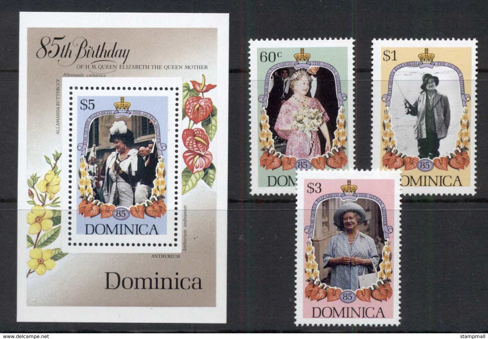 Dominica 1985 Queen Mother 85th Birthday + MS MUH - Dominica (1978-...)