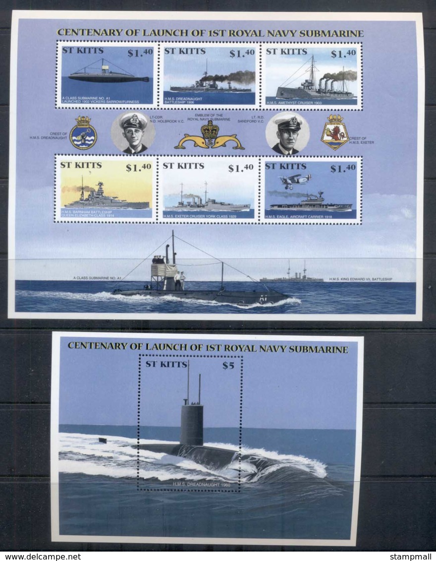 St Kitts 2002 Royal Navy Submarine, Ships 2xMS MUH - St.Kitts And Nevis ( 1983-...)