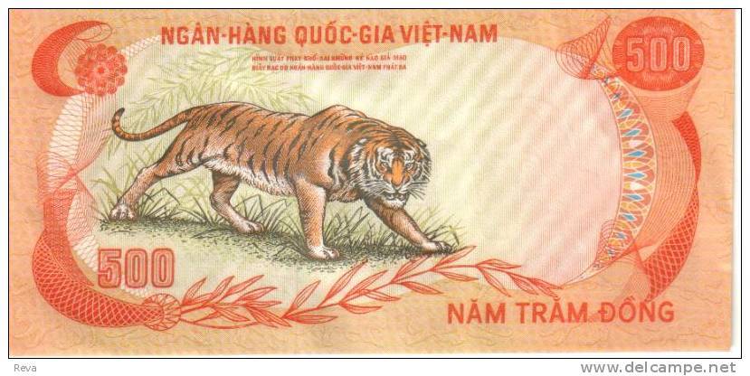 VIETNAM SOUTH 500 DONG ORANGE BUILDING FRONT TIGER ANIMAL BACK PREFIX#G3 ND(1972) P33a AUNC READ DESCRIPTION - Vietnam