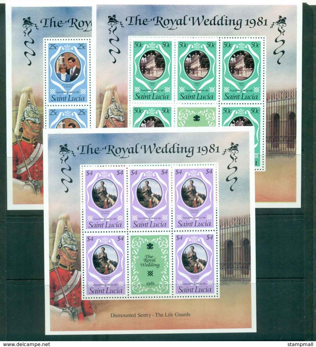 St Lucia 1981 Charles & Diana Wedding Revised Colours 3x Sheetlets MUH Lot45204 - St.Lucia (1979-...)