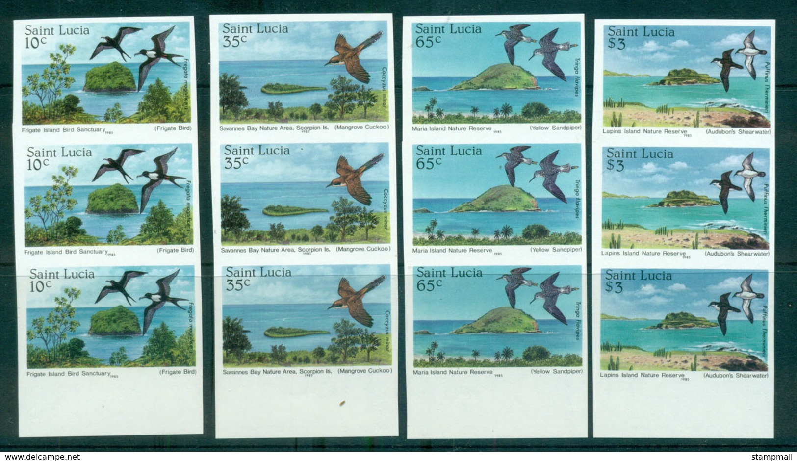 St Lucia 1985 Nature Reserves, Birds In Habitats IMPERF Str 3 MUH Lot68458 - St.Lucia (1979-...)