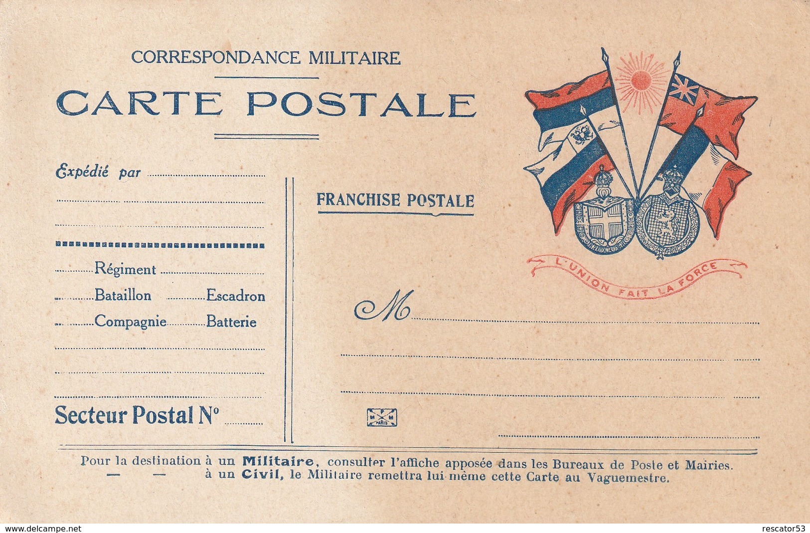 Rare Carte Postale Correspondance Militaire Franchise Militaire Avec Drapeaux - 1914-18