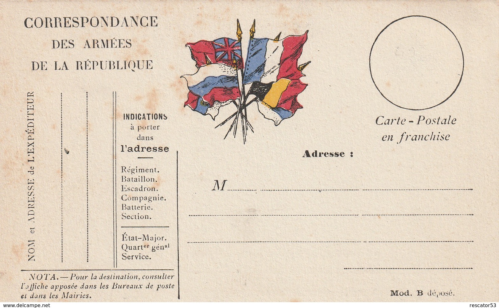 Rare Carte Postale Correspondance Militaire Franchise Militaire Avec Drapeaux - 1914-18