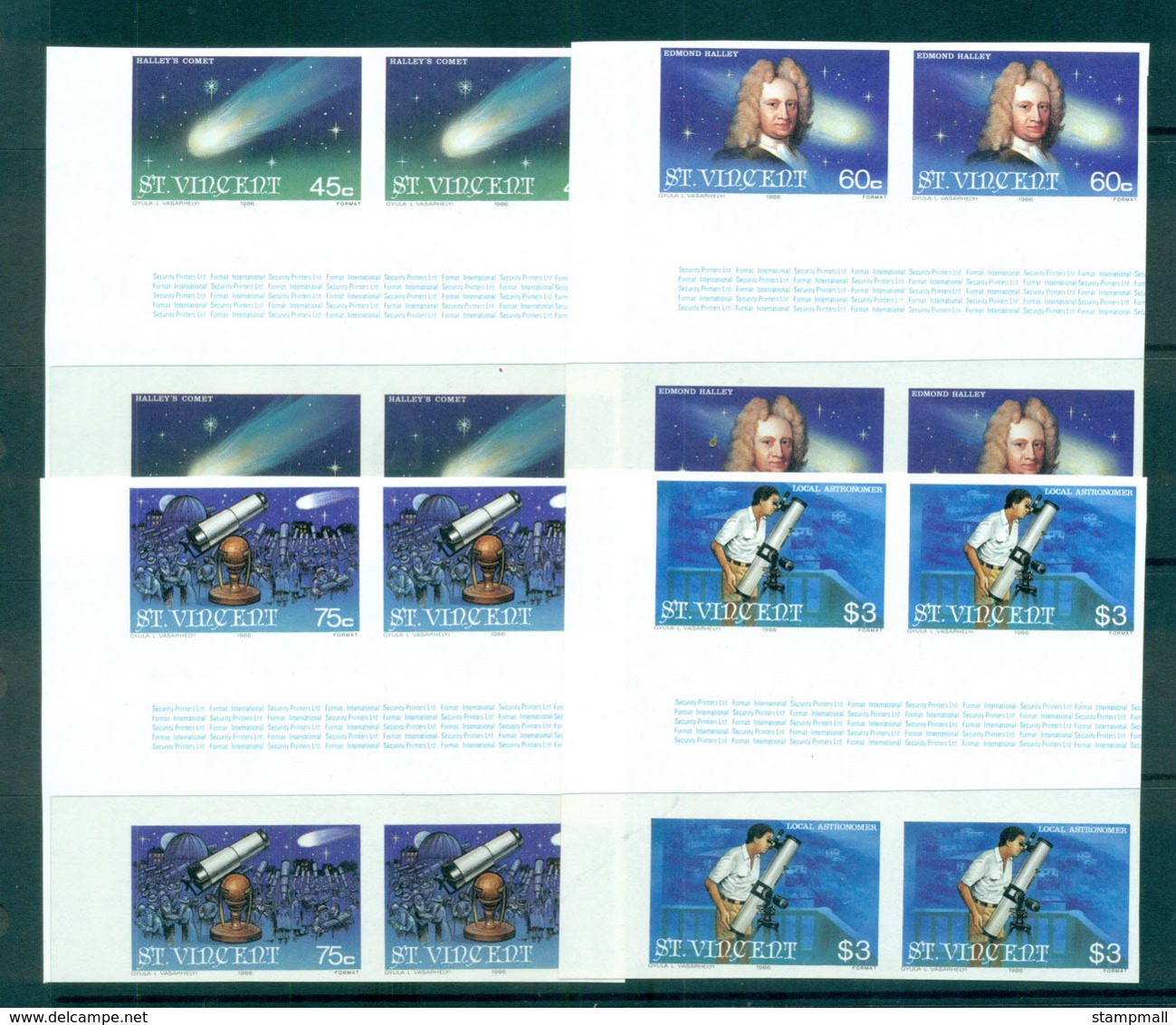 St Vincent 1986 Halley's Comet IMPERF Gutter Blks 4 MUH Lot68745 - St.Vincent (1979-...)