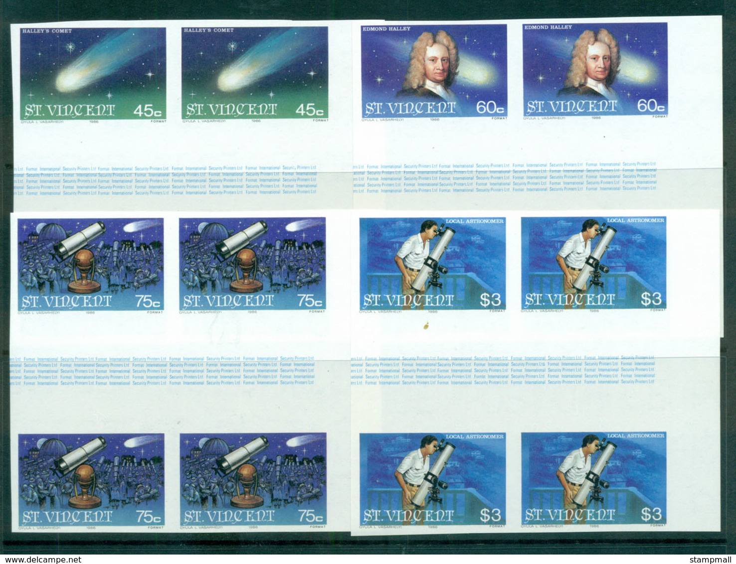 St Vincent 1986 Halley's Comet IMPERF Gutter Blks 4 MUH Lot68747 - St.Vincent (1979-...)