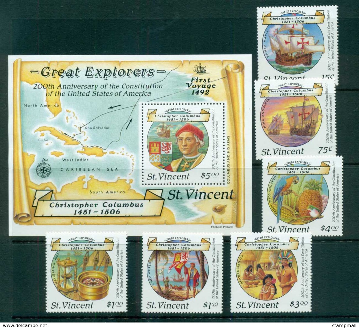 St Vincent 1988 Christopher Columbus + $5 MS MUH Lot72850 - St.Vincent (1979-...)