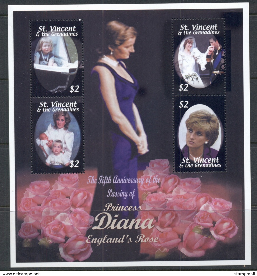 St Vincent 2002 Princess Diana In Memoriam 5th Anniv MS MUH - St.Vincent (1979-...)