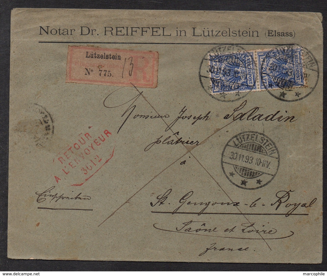 LA PETITE PIERRE - LÜTZELSTEIN - ALSACE / 1893 LETTRE RECOMMANDEE POUR SAINT GENGOUX LE ROYAL  (ref LE2637) - Sonstige & Ohne Zuordnung