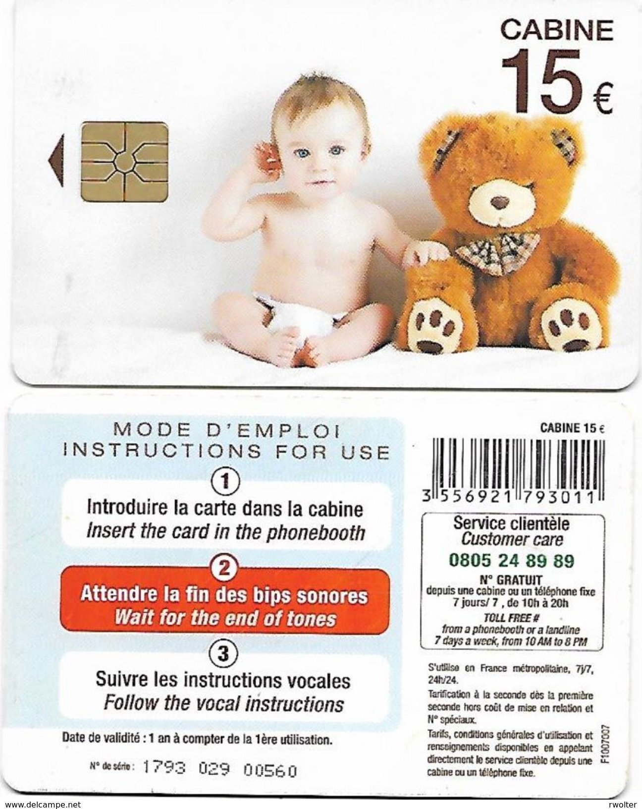 @+ France - Intercall à Puce 15€ - Bebe Et Ours N°2 - Code F1007007 - Ref : CC-INT3A Verso Bi-lingue - 2010