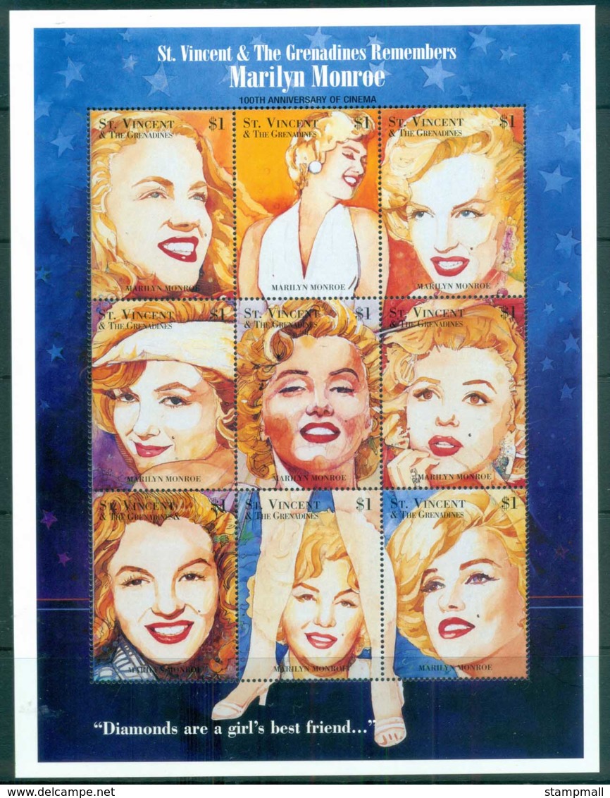 St Vincent Grenadines 1995 100th Anniv Of Cinema, Marilyn Monroe MS MUH - St.Vincent & Grenadines