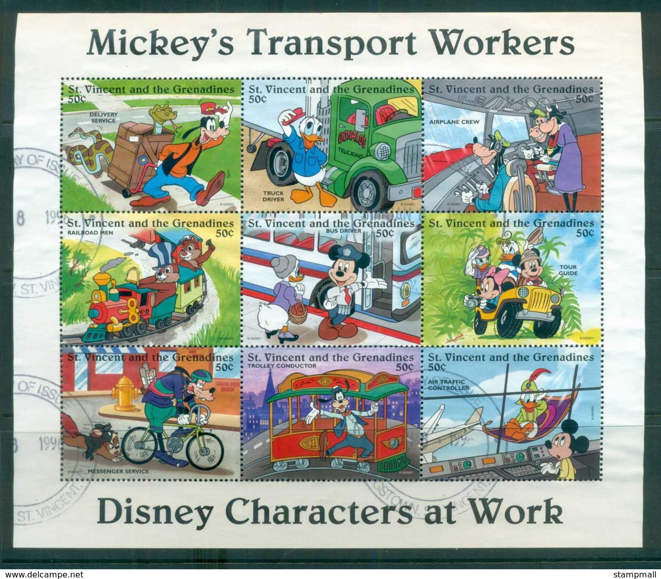 St Vincent Grenadines 1996 Disney, Characters At Work, Transport 50c Sheetlet FU Lot79389 - St.Vincent & Grenadines