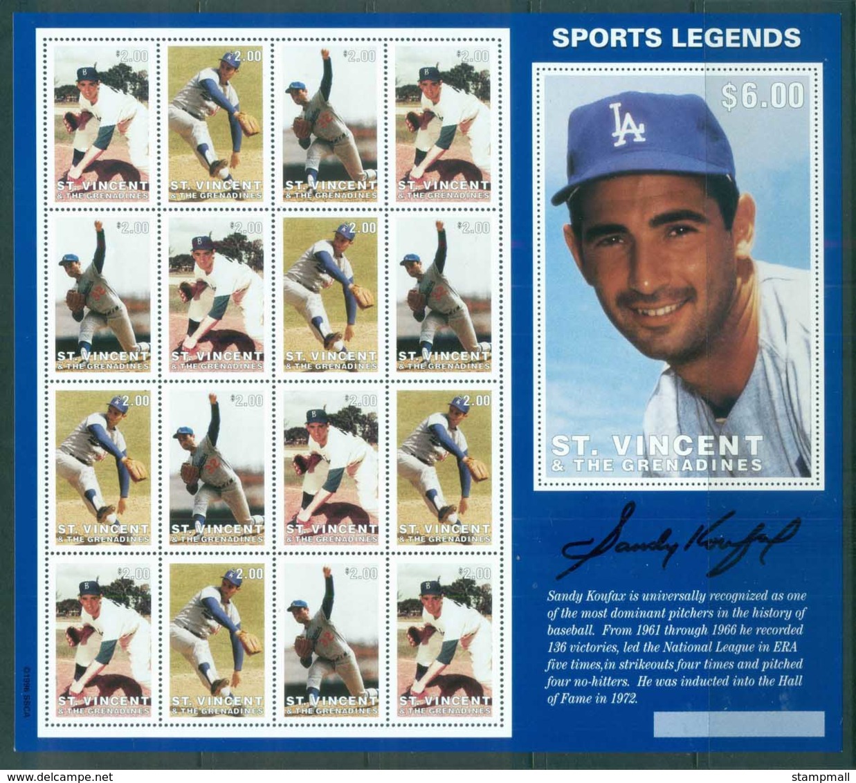 St Vincent Grenadines 1996 Sports Legends, Baseball, Sandy Koufax MS MUH - St.-Vincent En De Grenadines