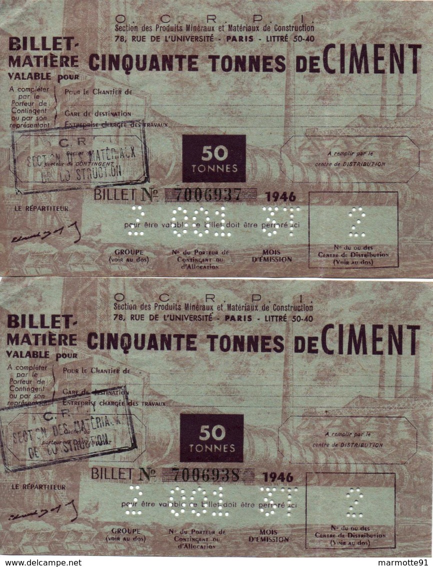 BILLET MATIERE CINQUANTE TONNES CIMENT 1946 TICKET RATIONNEMENT ECONOMIE GUERRE - Autres & Non Classés