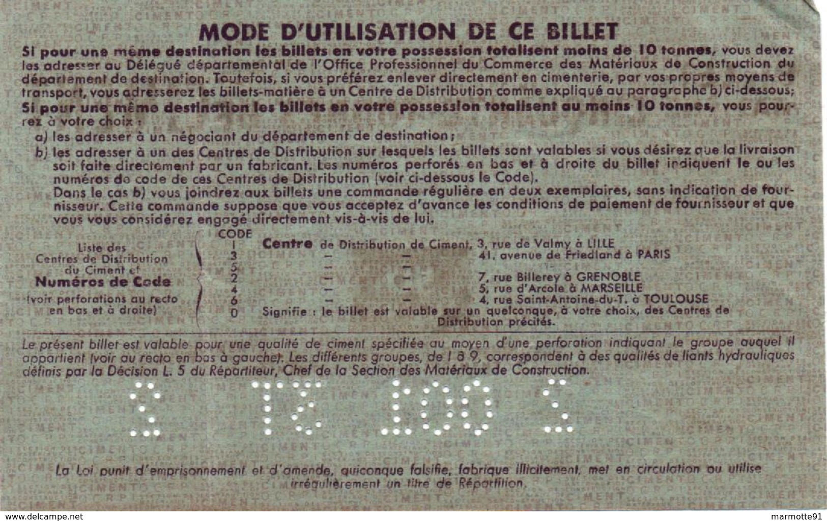 BILLET MATIERE CINQUANTE TONNES CIMENT 1946 TICKET RATIONNEMENT ECONOMIE GUERRE - Autres & Non Classés